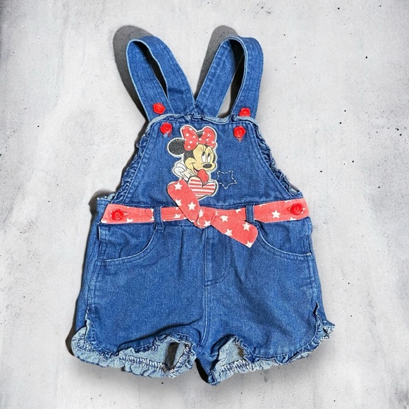 Disney Other - y2k Disney Minnie Mouse Denim Ruffled Belted Short Overalls Size 3T